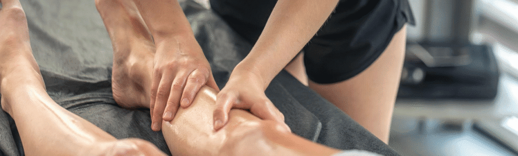 Therapist applying firm sports conditioning massage to athlete